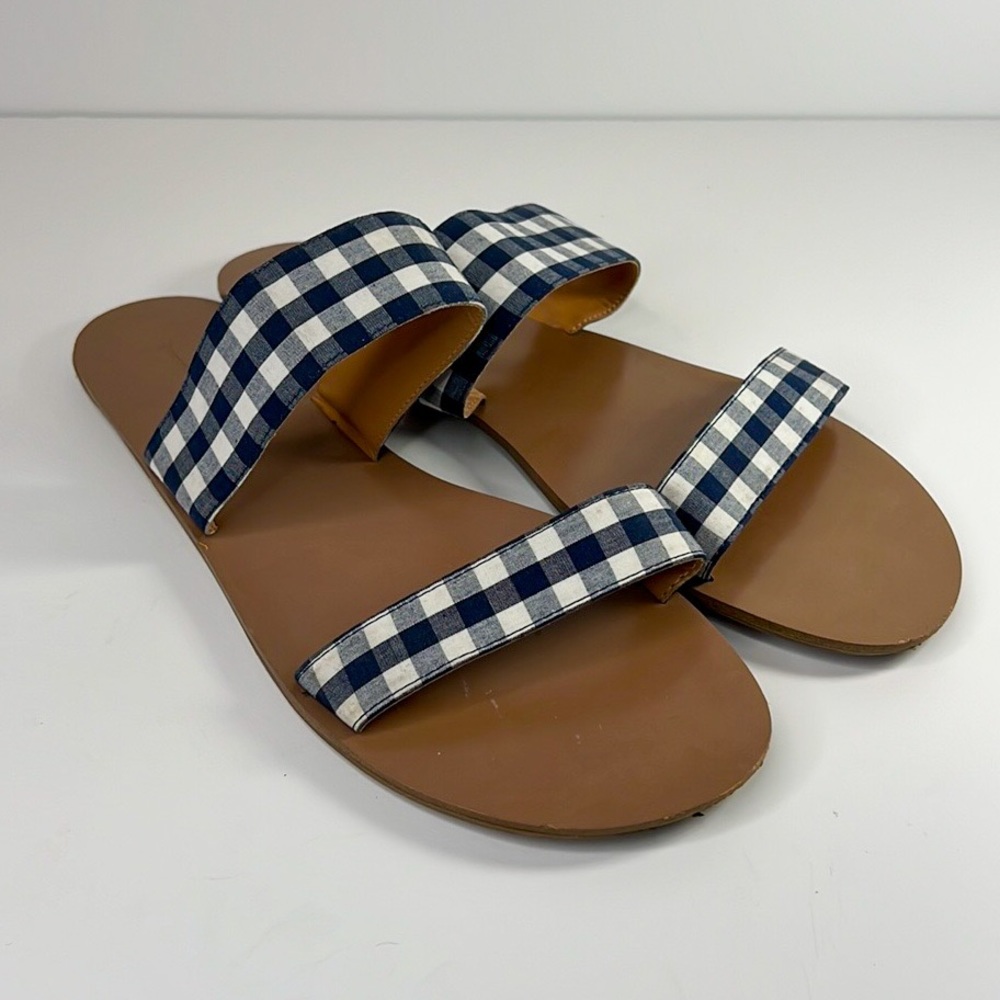 J. Crew Factory Navy and White fabric Vichy 2 strap sandals EUC Size 10